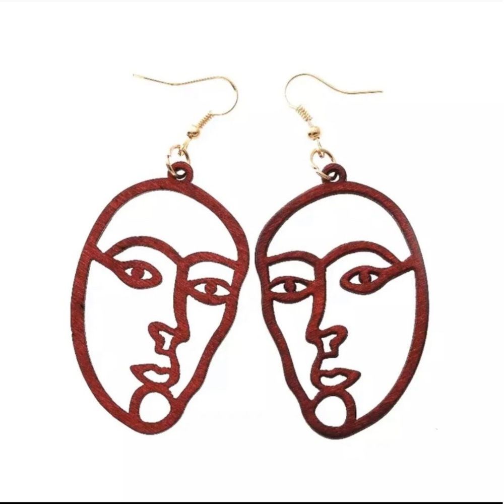 Wooden Face Abstract Dangle Earrings